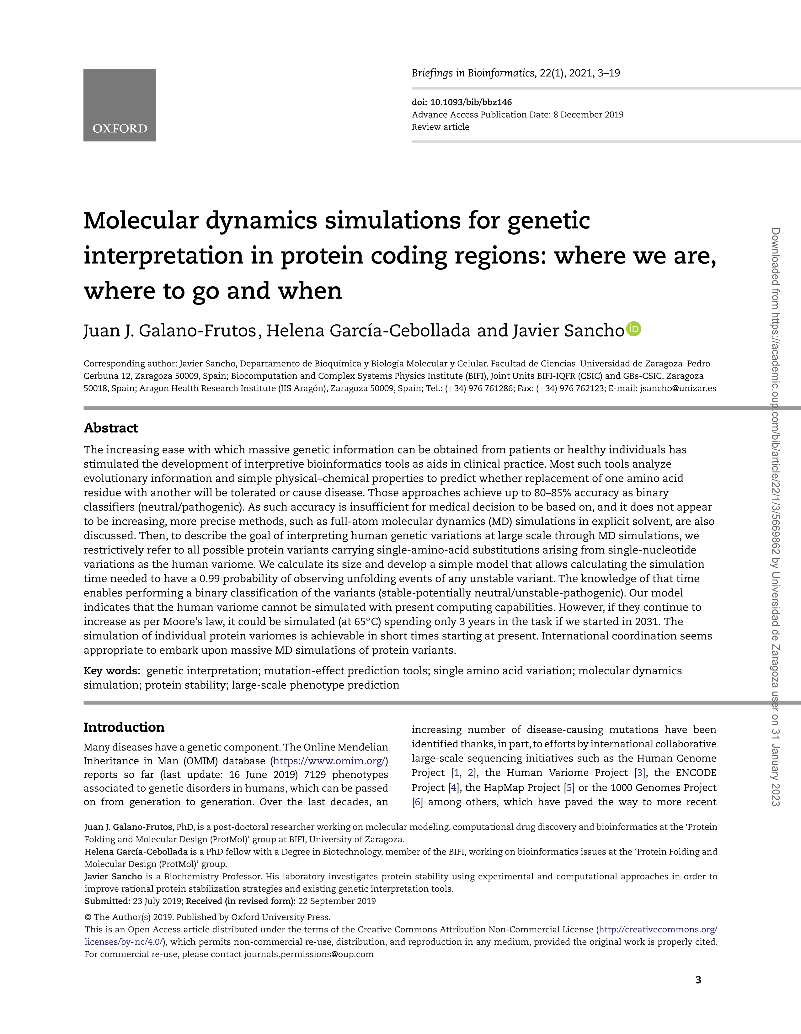 Molecular dynamics simulations for genetic interpretation in protein coding regions: where we are, where to go and when