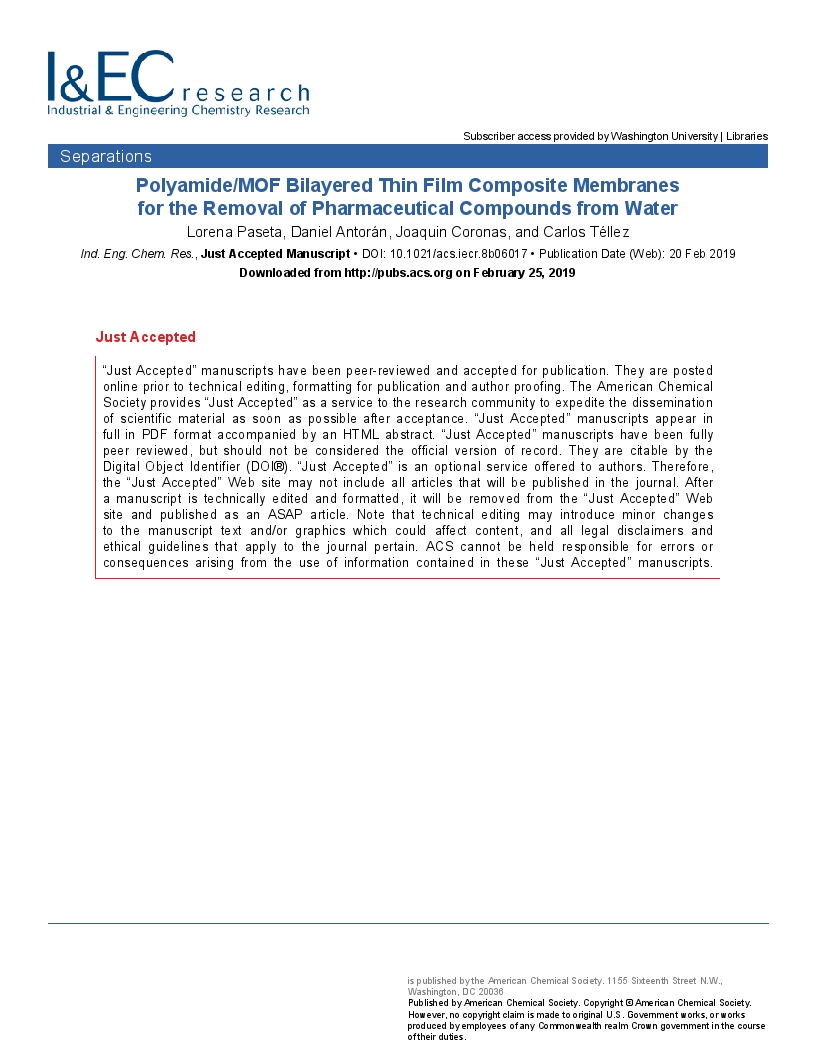 110th Anniversary: Polyamide/Metal-Organic Framework Bilayered Thin Film Composite Membranes for the Removal of Pharmaceutical Compounds from Water