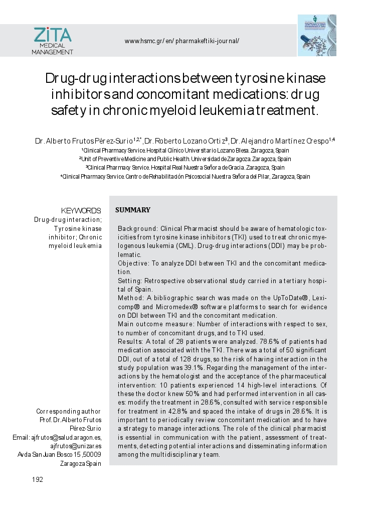 Drug-drug interactions between tyrosine kinase inhibitors and concomitant medications: drug safety in chronic myeloid leukemia treatment.