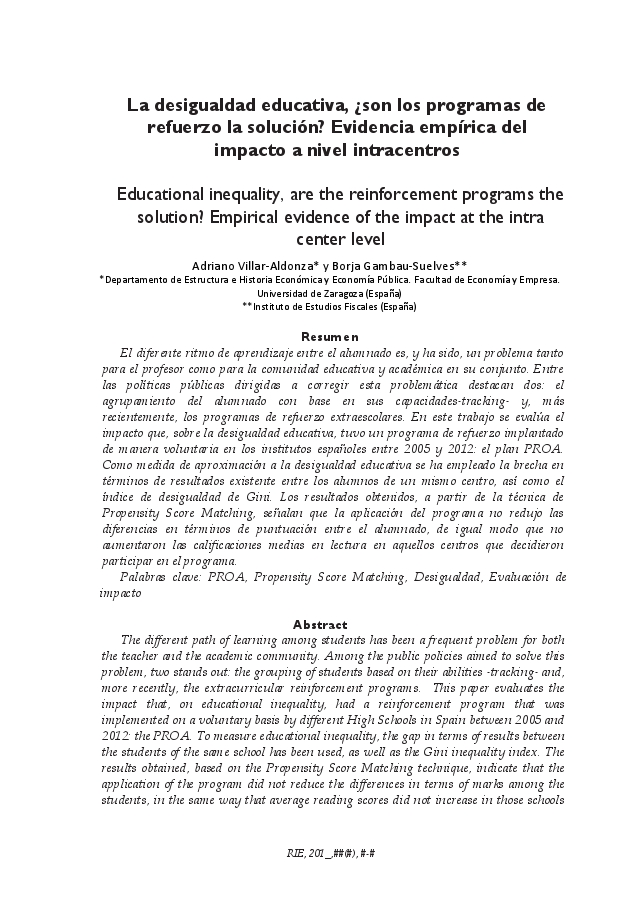 La desigualdad educativa, ¿son los programas de refuerzo la solución? Evidencia empírica del impacto a nivel intracentros