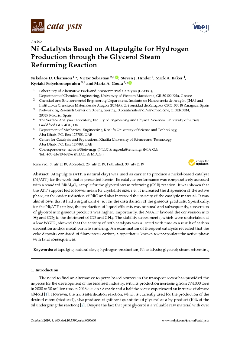 Ni Catalysts Based on Attapulgite for Hydrogen Production through the Glycerol Steam Reforming Reaction