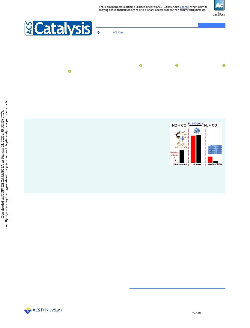 Low-Temperature Catalytic NO Reduction with CO by Subnanometric Pt Clusters