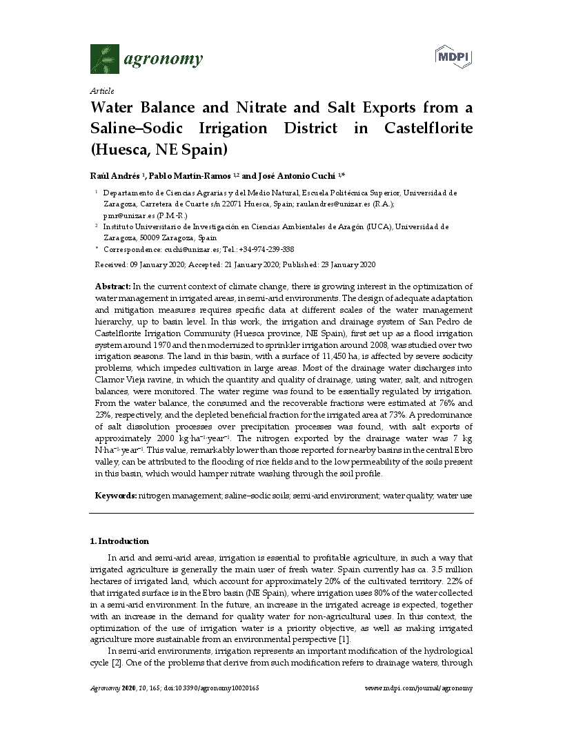Water balance and nitrate and salt exports from a saline–sodic irrigation district in Castelflorite (Huesca, NE Spain)