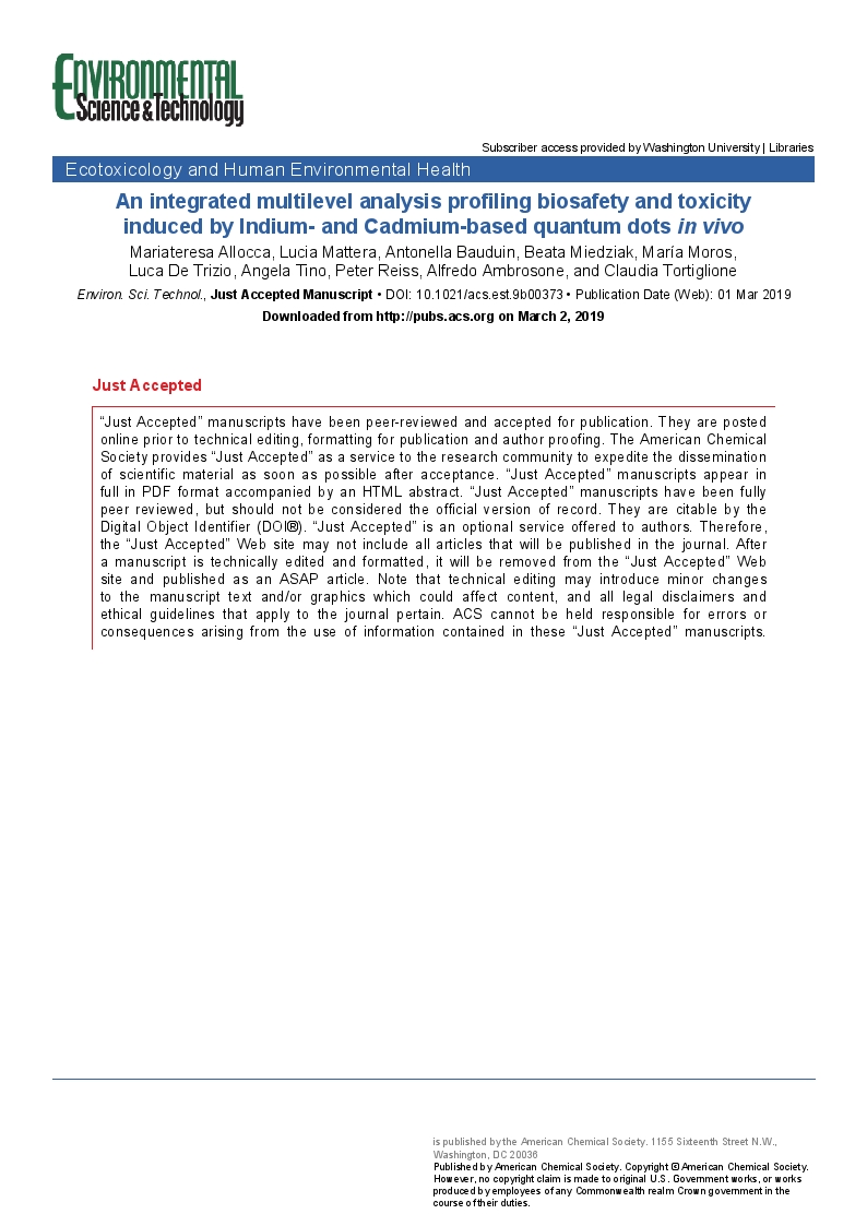 An Integrated Multilevel Analysis Profiling Biosafety and Toxicity Induced by Indium- and Cadmium-Based Quantum Dots in Vivo