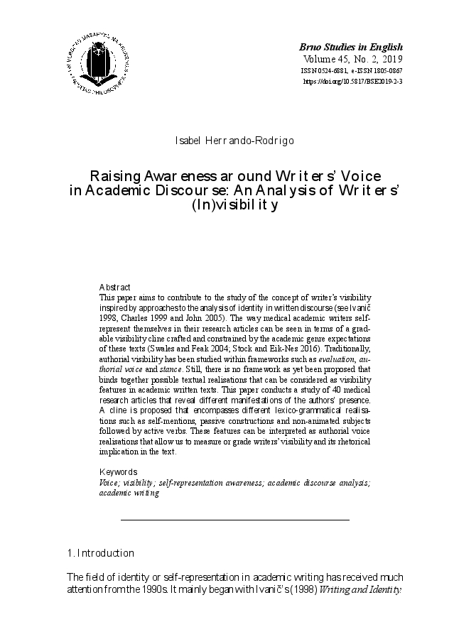 Raising awareness around writers' voice in academic discourse : an analysis of writers' (in)visibility