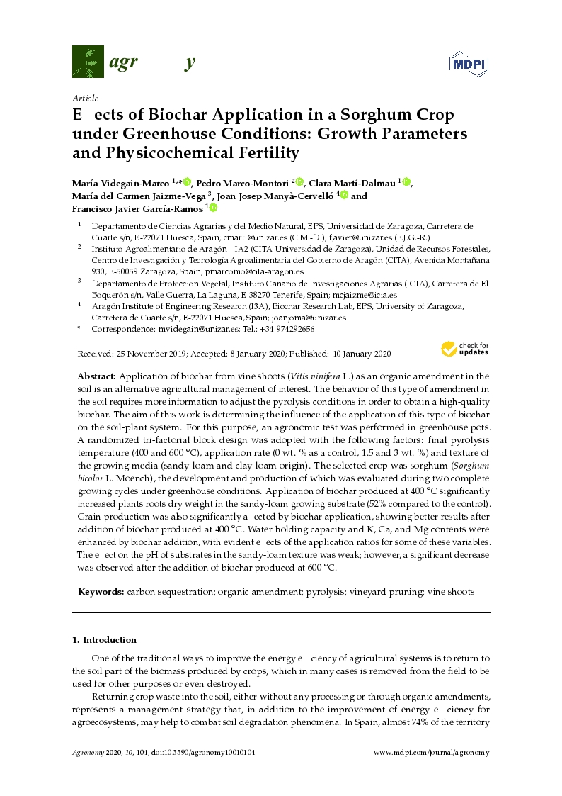 Effects of biochar application in a sorghum crop under greenhouse conditions: Growth parameters and physicochemical fertility