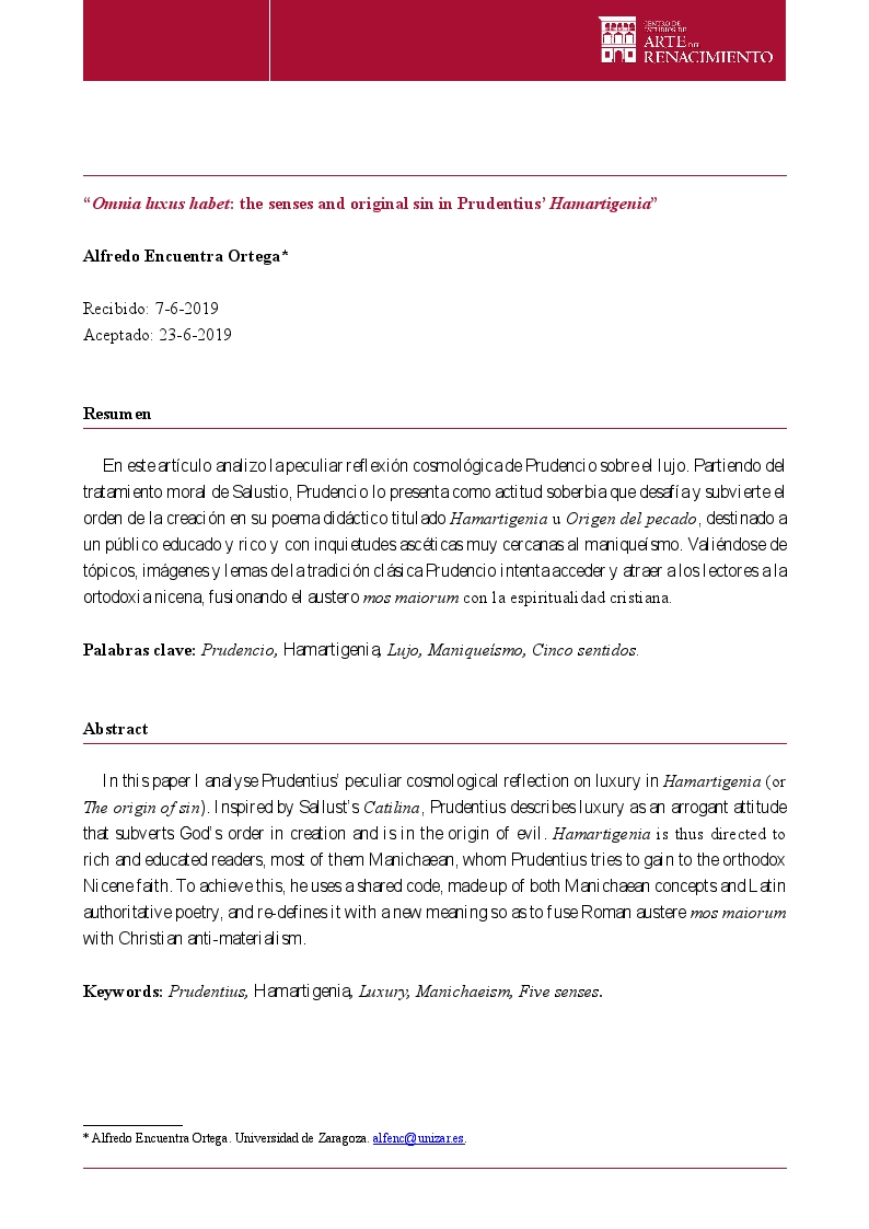 Omnia luxus habet: los sentidos y el pecado original en la 'Hamartigenia' de Prudencio