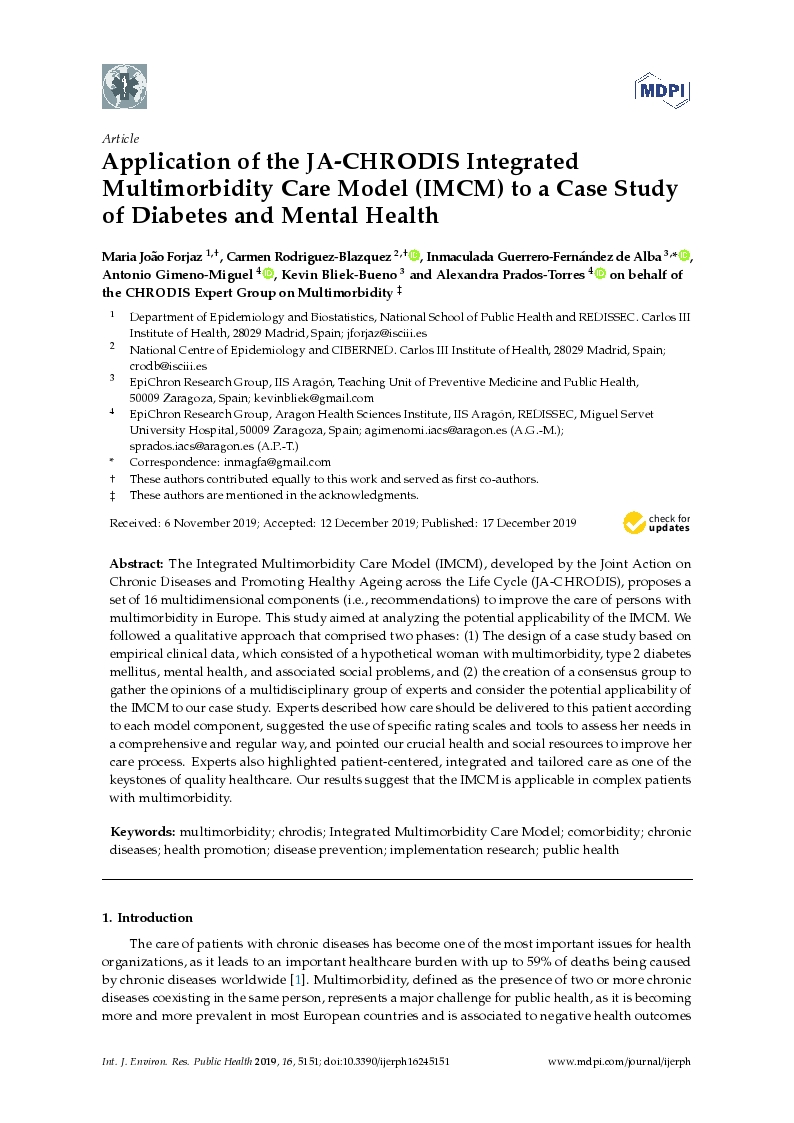 Application of the JA-CHRODIS Integrated Multimorbidity Care Model (IMCM) to a Case Study of Diabetes and Mental Health