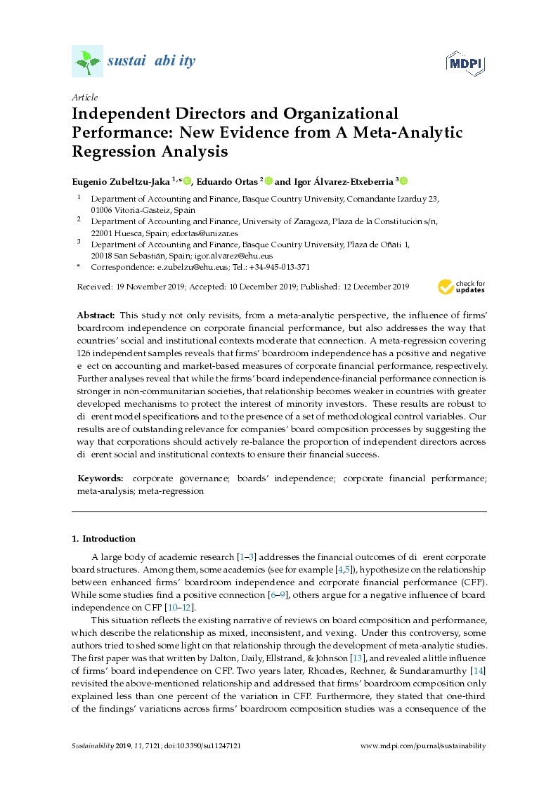 Independent directors and organizational performance: New evidence from a meta-analytic regression analysis