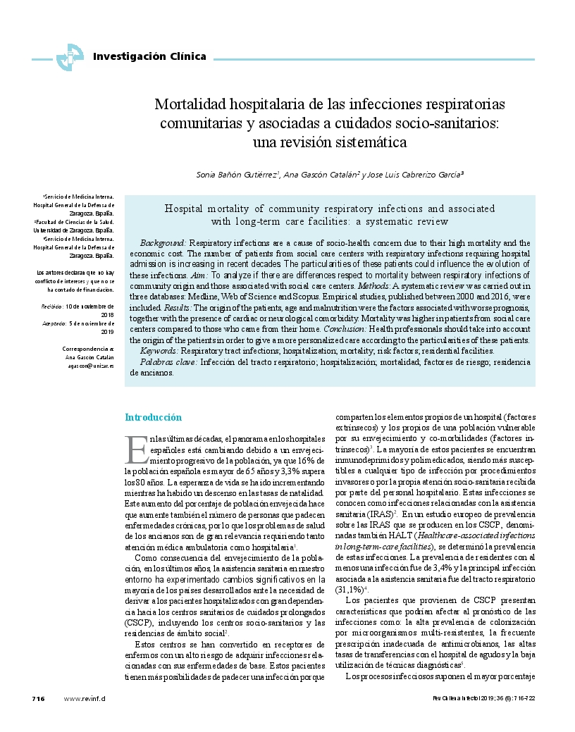 Mortalidad hospitalaria de las infecciones respiratorias comunitarias y asociadas a cuidados socio-sanitarios: una revisión sistemática
