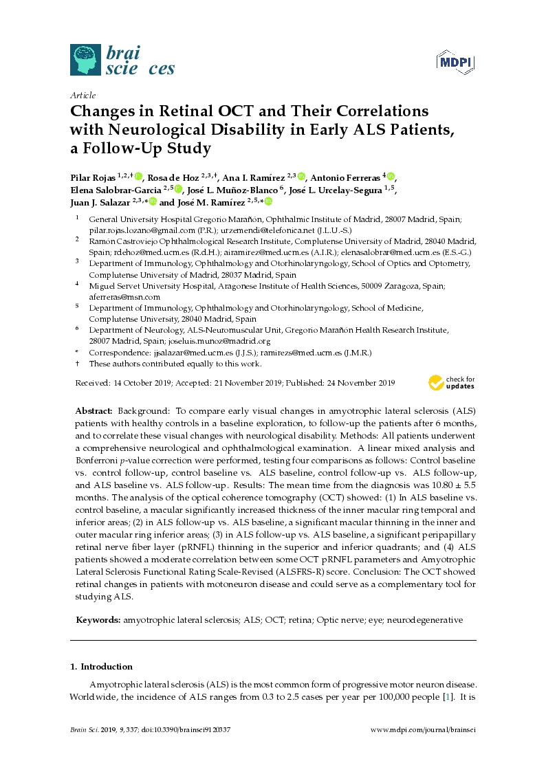 Changes in retinal OCT and their correlations with neurological disability in early ALS patients, a follow-up study