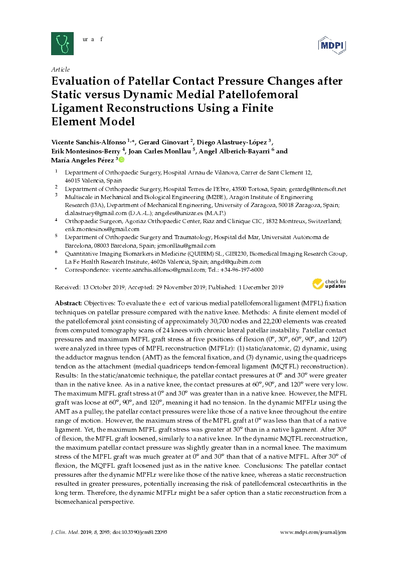 Evaluation of patellar contact pressure changes after static versus dynamic medial patellofemoral ligament reconstructions using a finite element model