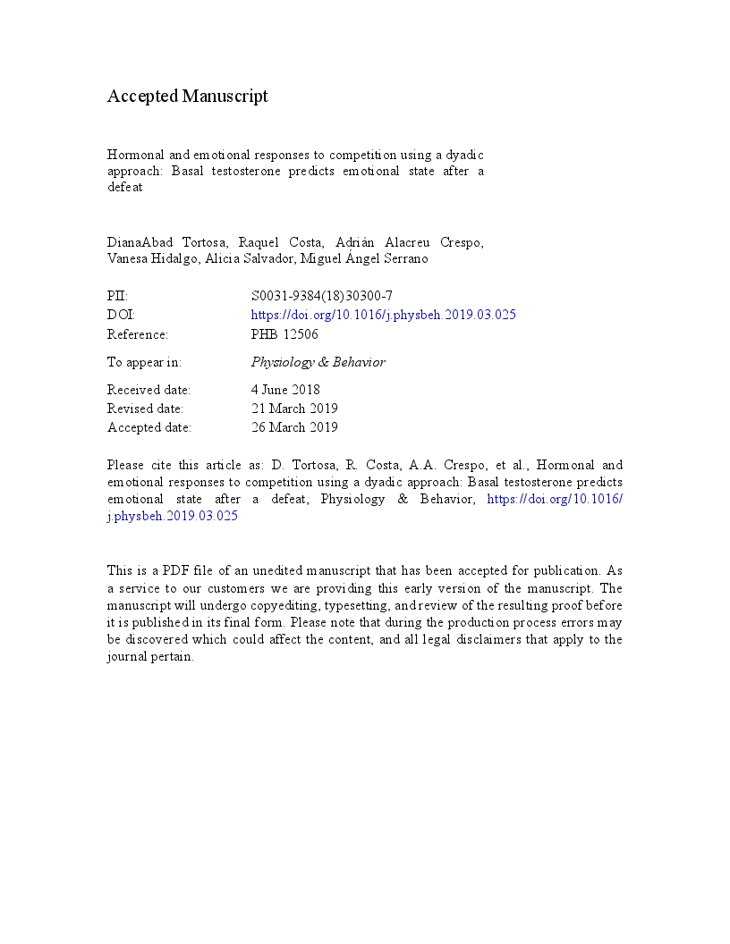 Hormonal and emotional responses to competition using a dyadic approach: Basal testosterone predicts emotional state after a defeat