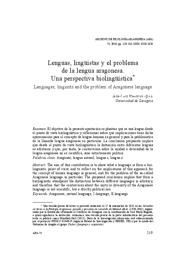Lenguas, lingüistas y el problema de la lengua aragonesa. Una perspectiva biolingüística
