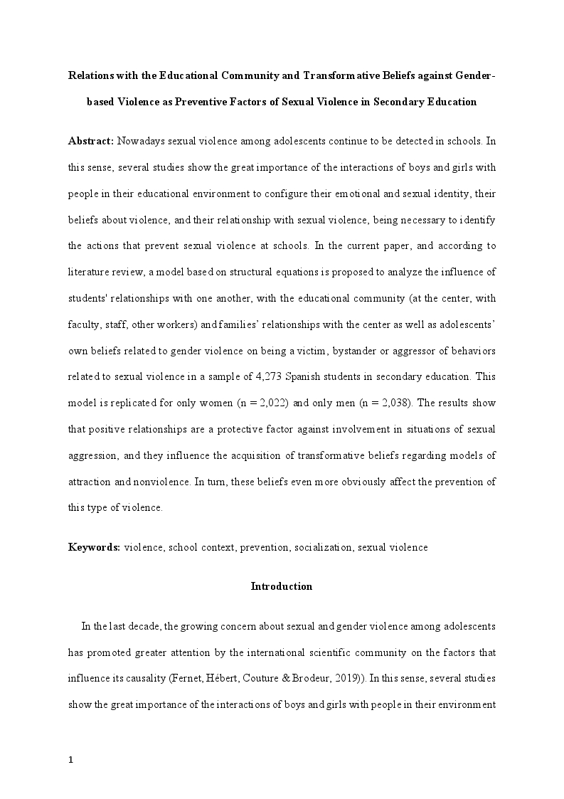 Relations with the educational community and transformative beliefs against gender-based violence as preventive factors of sexual  violence in Secondary Education