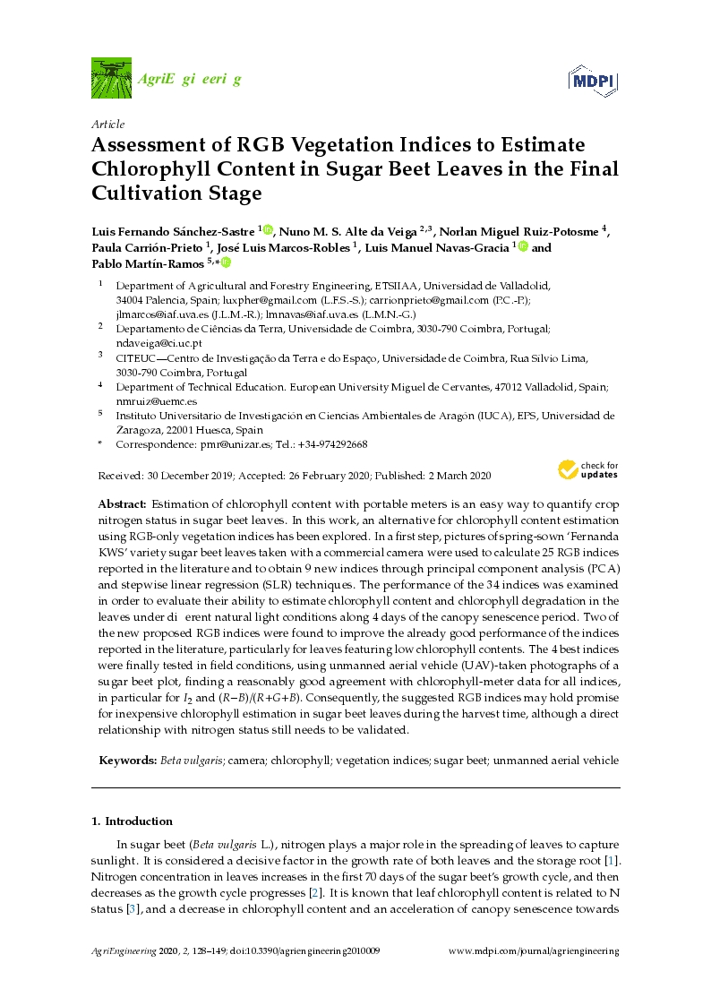 Assessment of RGB vegetation indices to estimate chlorophyll content in sugar beet leaves in the final cultivation stage