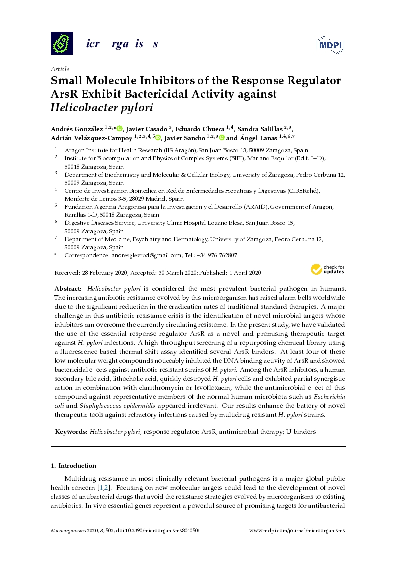 Small molecule inhibitors of the response regulator ArsR exhibit bactericidal activity against Helicobacter pylori