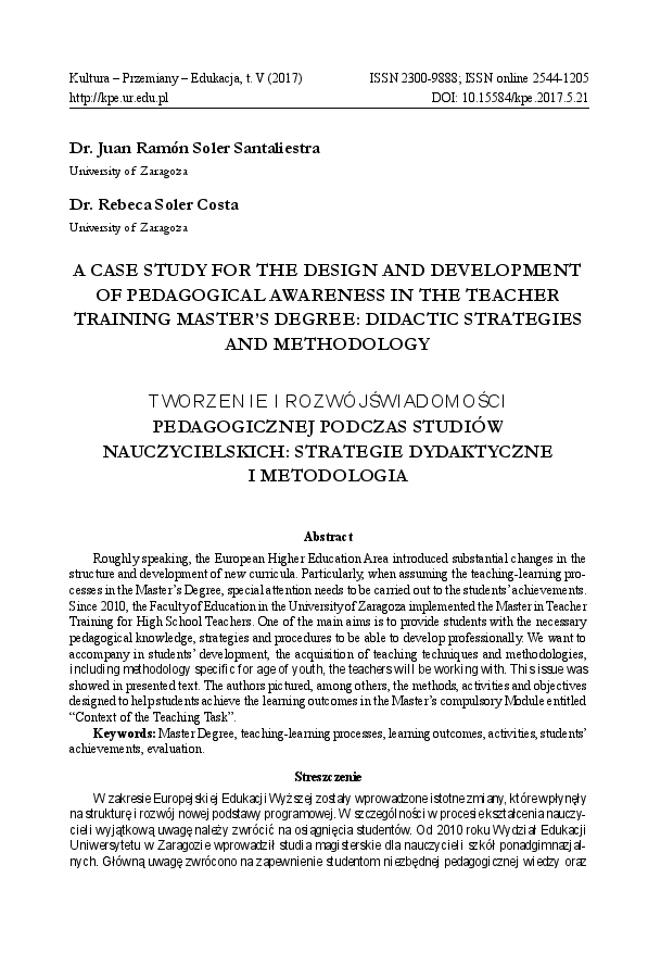 A case study for the design and development of pedagogical awareness in the Teacher Training Master's Degree: didactic strategies and methodology