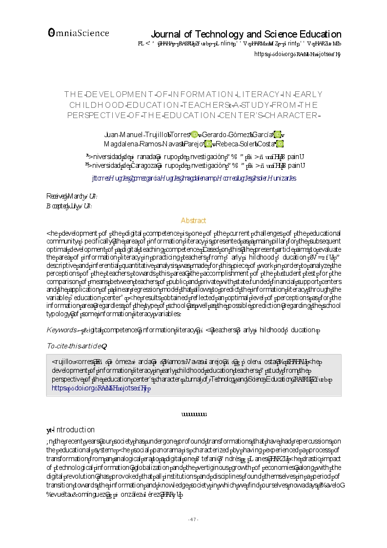The development of information literacy in early childhood education teachers. A study from the perspective of the education center's character