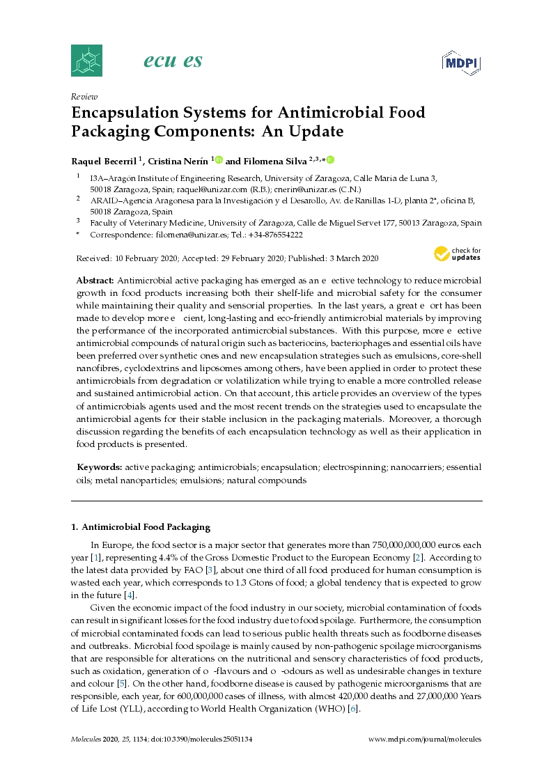 Encapsulation systems for antimicrobial food packaging components: An update