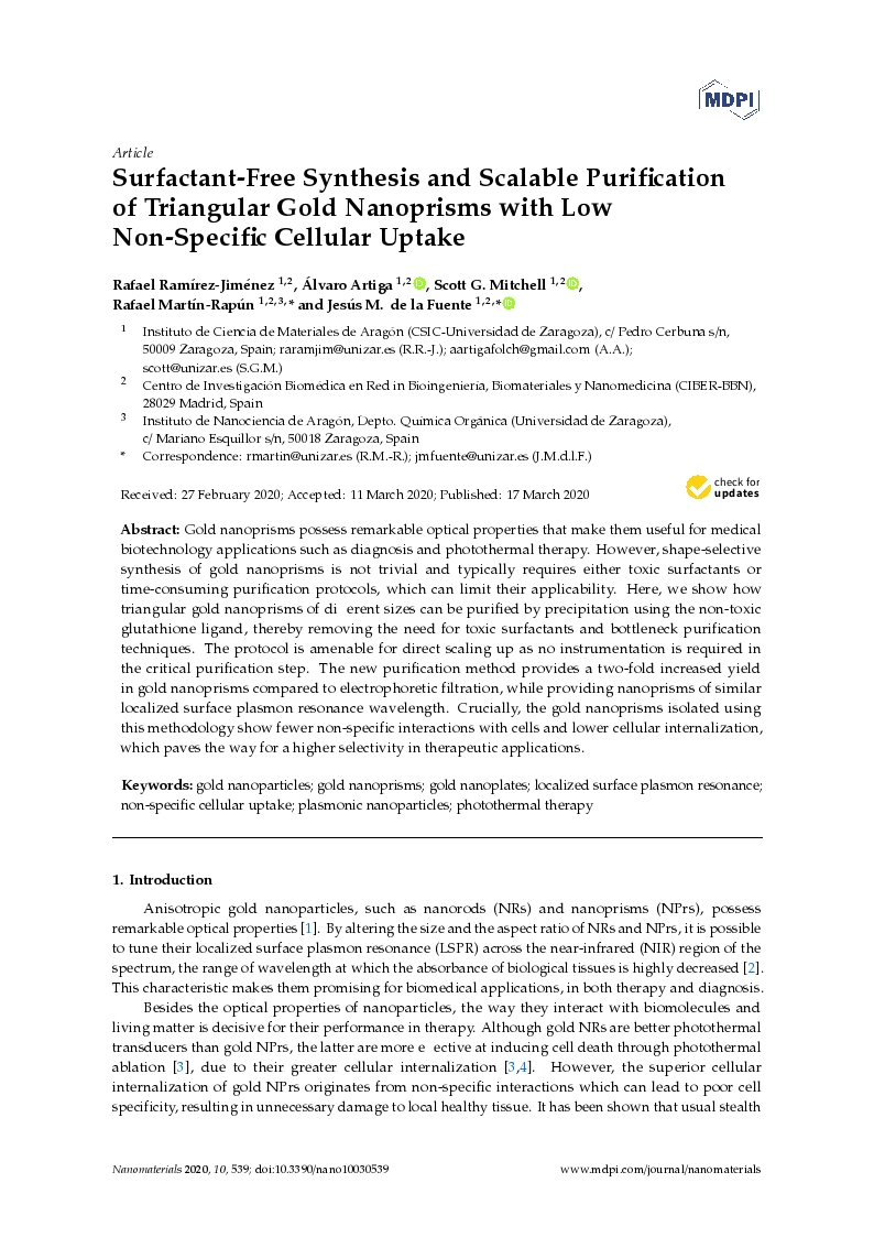 Surfactant-free synthesis and scalable purification of triangular gold nanoprisms with low non-specific cellular uptake