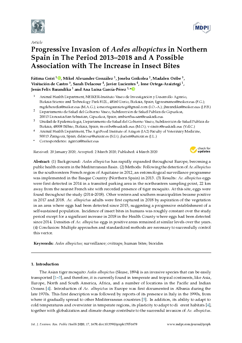 Progressive invasion of Aedes albopictus in Northern Spain in the period 2013–2018 and a possible association with the increase in insect bites