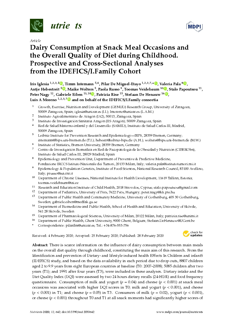 Dairy consumption at snack meal occasions and the overall quality of diet during childhood. Prospective and cross-sectional analyses from the IDEFICS/I.Family cohort