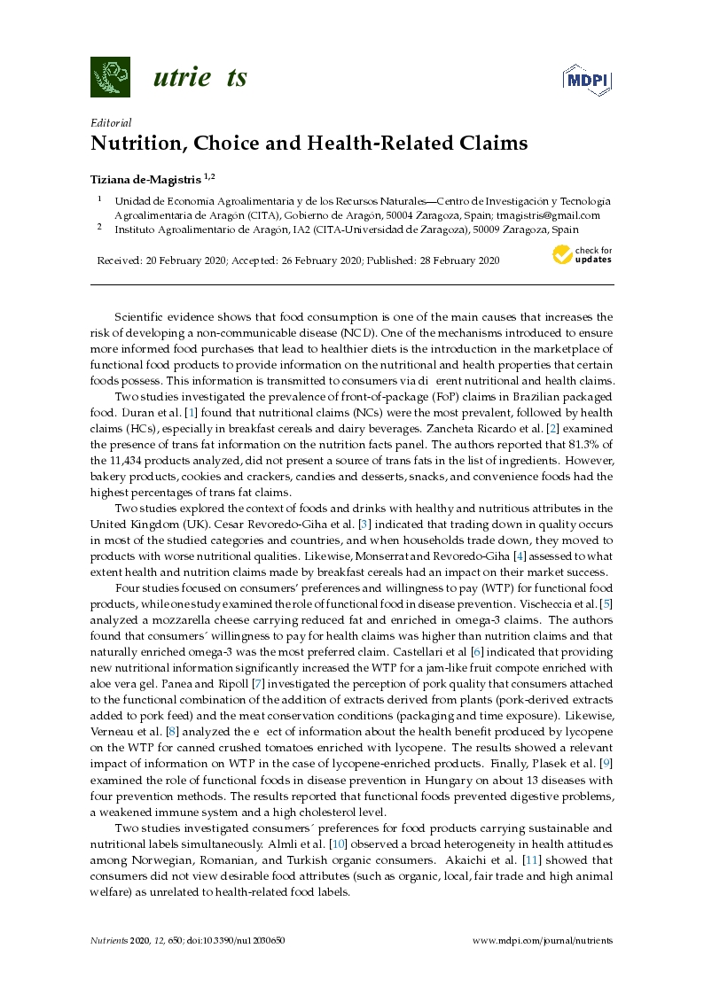 Nutrition, choice and health-related claims