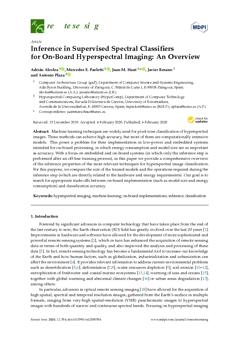 Inference in supervised spectral classifiers for on-board hyperspectral imaging: An overview
