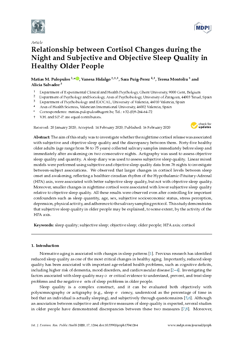 Relationship between cortisol changes during the night and subjective and objective sleep quality in healthy older people