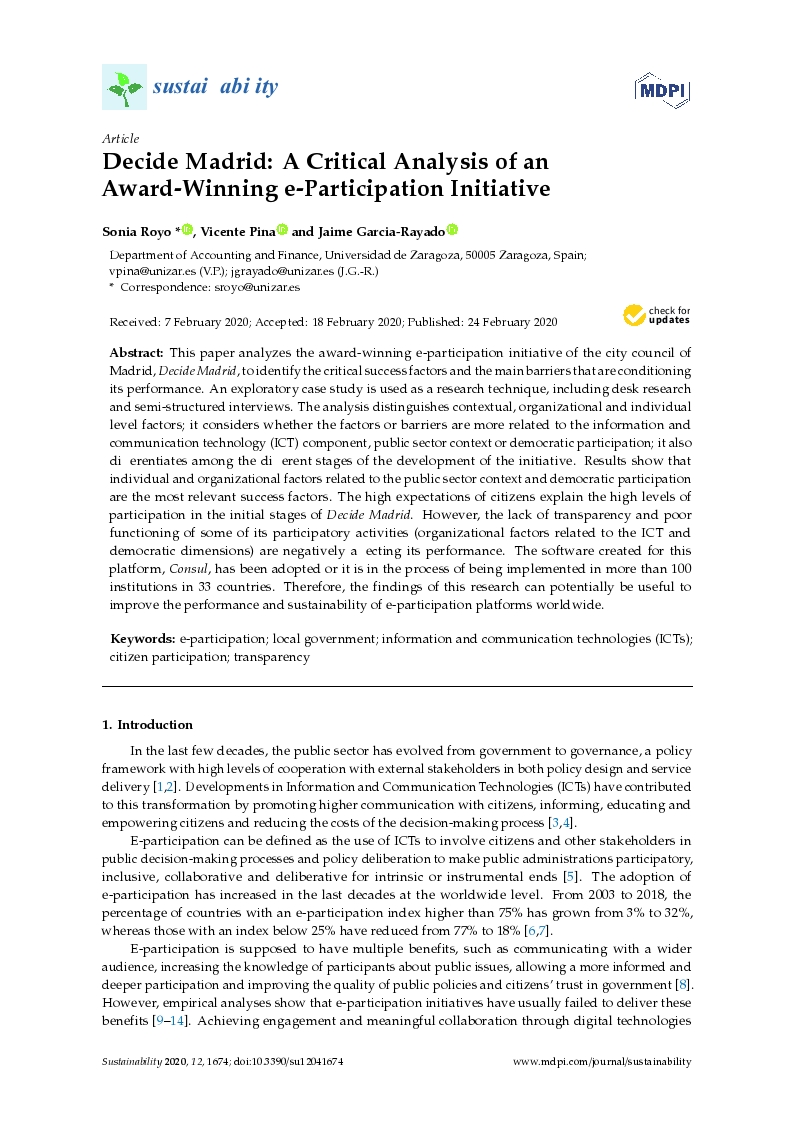 Decide Madrid: A critical analysis of an award-winning e-participation initiative