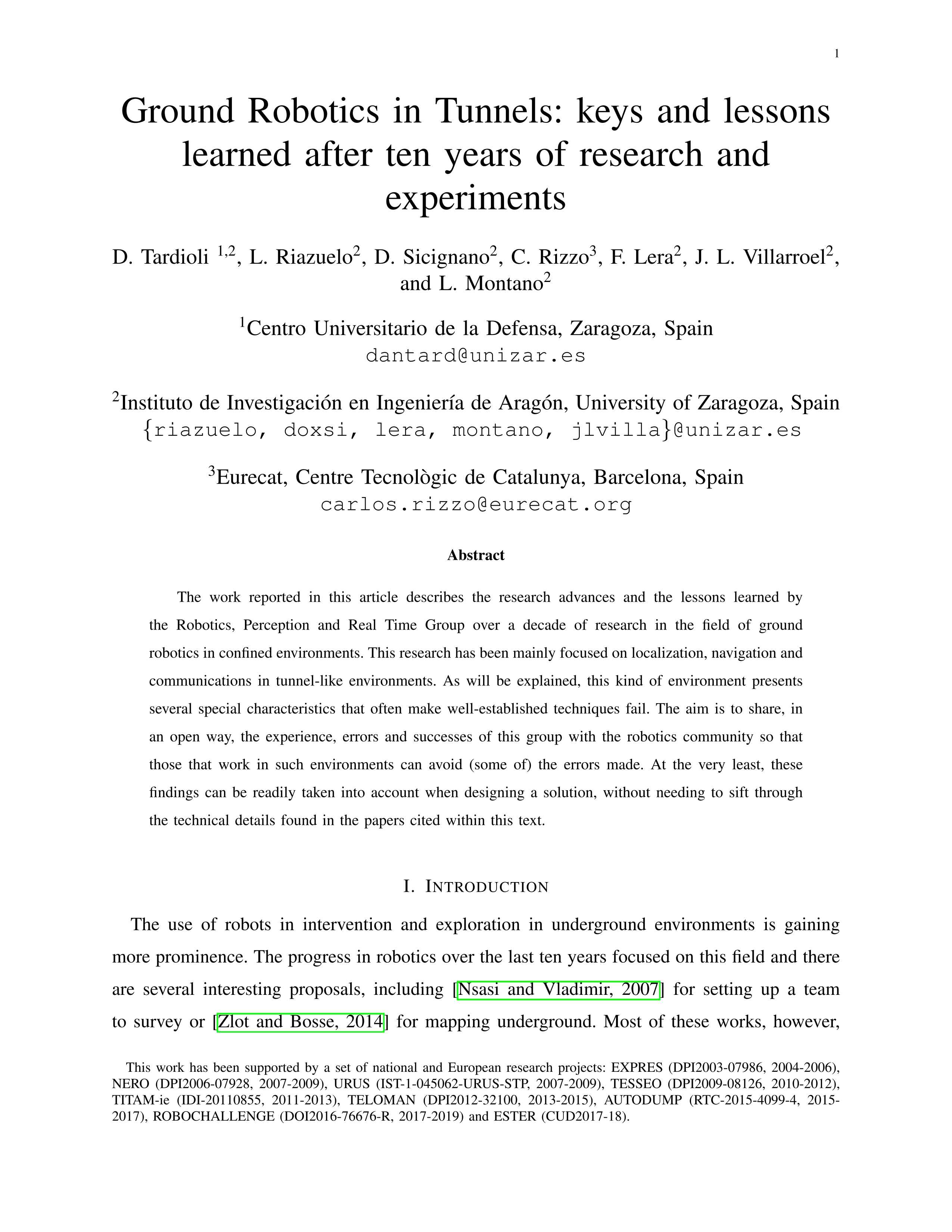 Ground robotics in tunnels: Keys and lessons learned after 10 years of research and experiments