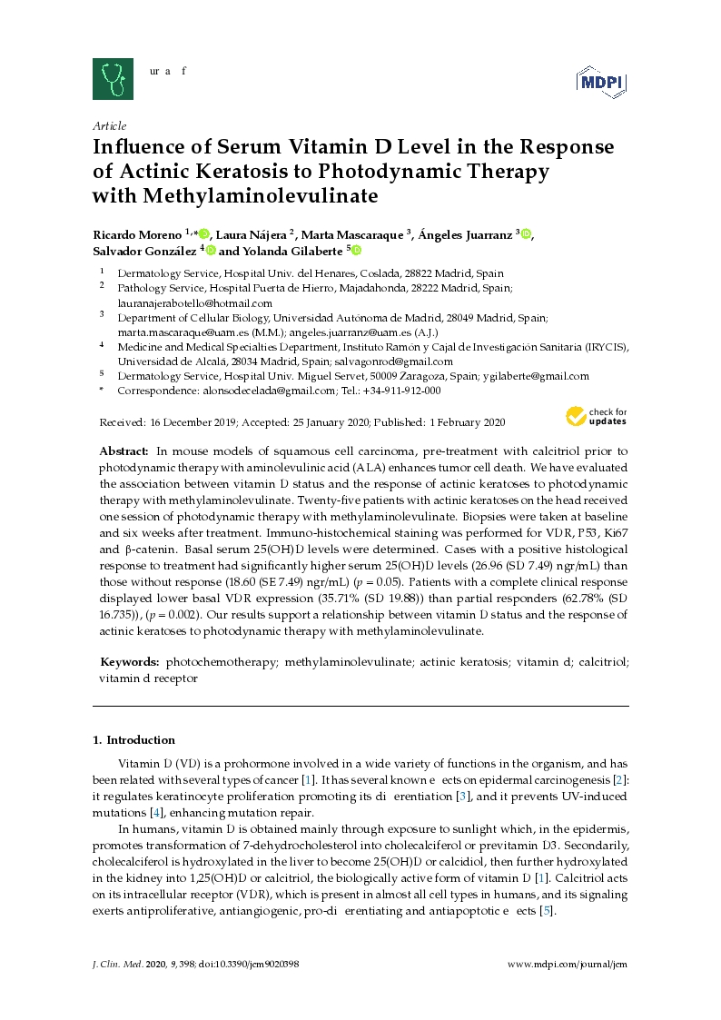 Influence of Serum Vitamin D Level in the Response of Actinic Keratosis to Photodynamic Therapy with Methylaminolevulinate