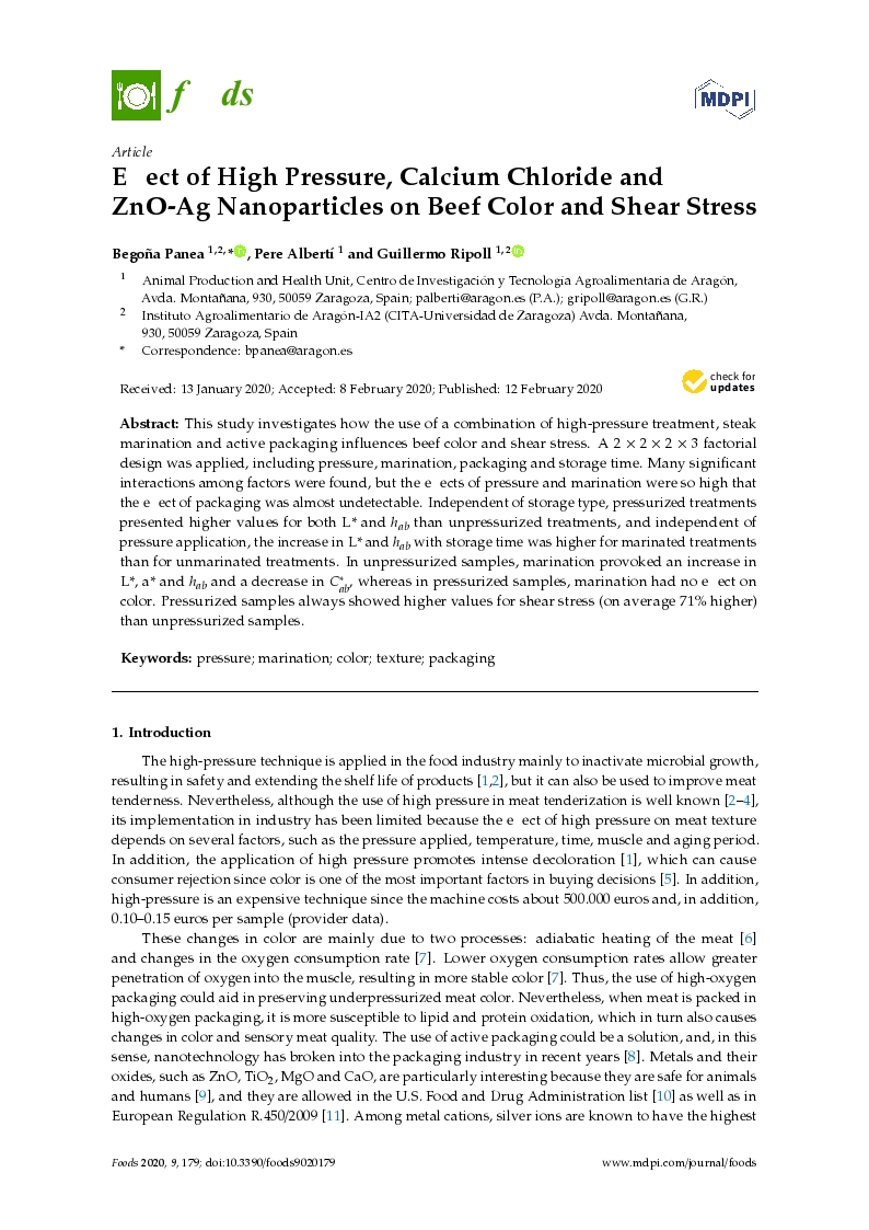 Effect of high pressure, calcium chloride and ZnO-Ag nanoparticles on beef color and shear stress