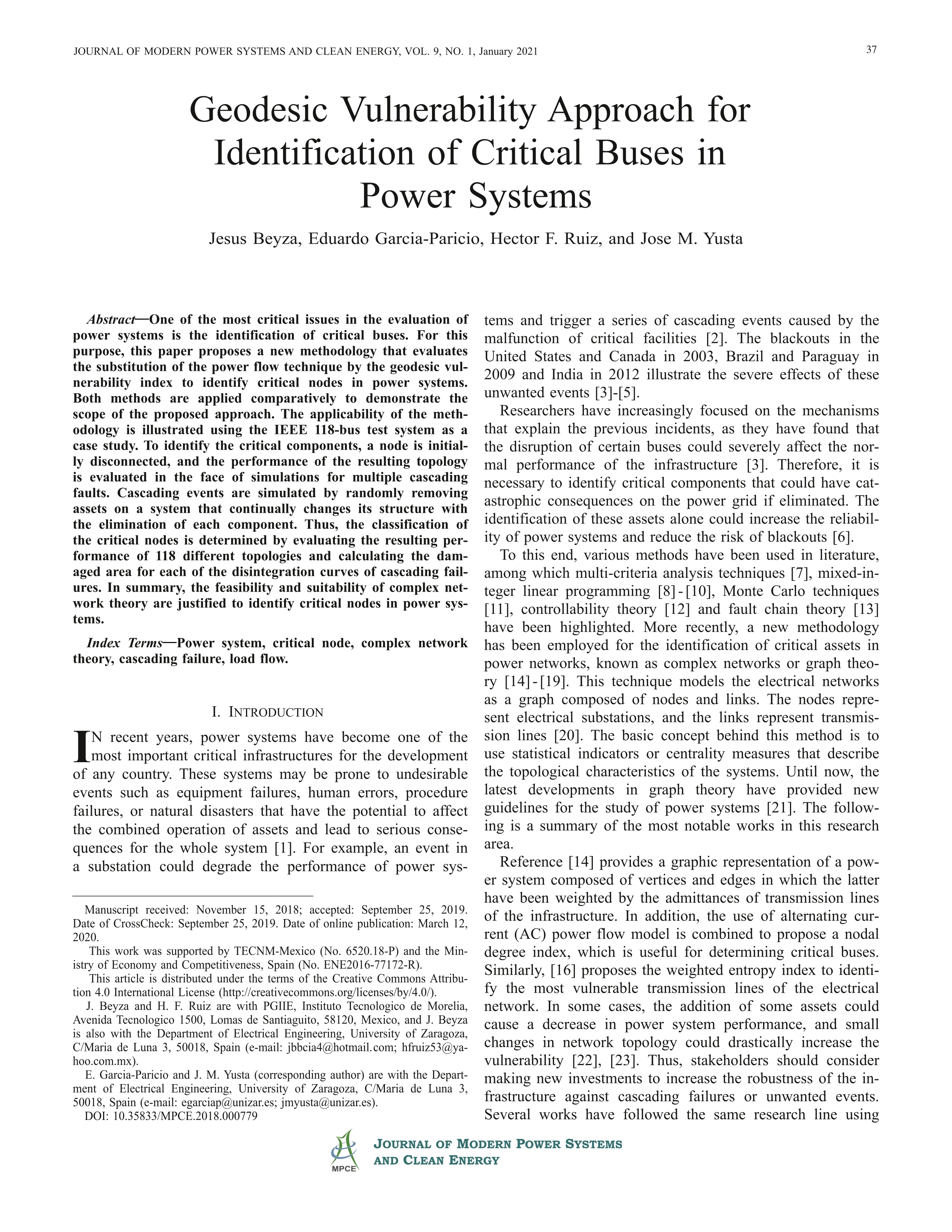 Geodesic vulnerability approach for identification of critical buses in power systems