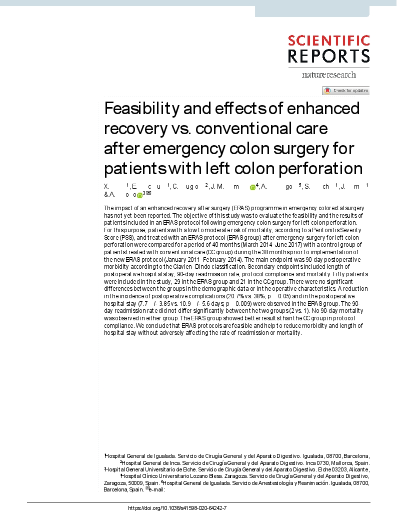 Feasibility and effects of enhanced recovery vs. conventional care after emergency colon surgery for patients with left colon perforation