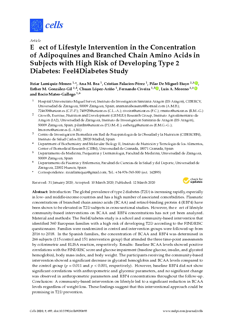 Effect of Lifestyle Intervention in the Concentration of Adipoquines and Branched Chain Amino Acids in Subjects with High Risk of Developing Type 2 Diabetes: Feel4Diabetes Study