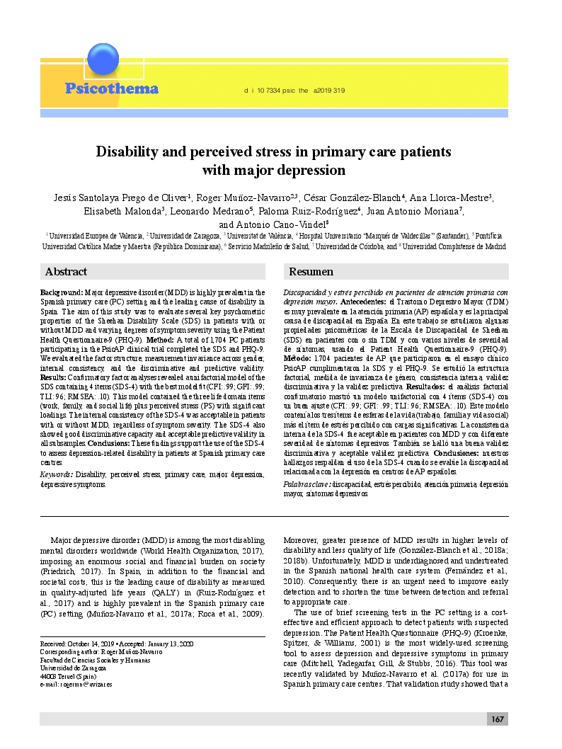 Disability and perceived stress in primary care patients with major depression