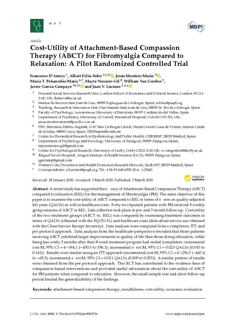 Cost-Utility of Attachment-Based Compassion Therapy (ABCT) for Fibromyalgia Compared to Relaxation: A Pilot Randomized Controlled Trial