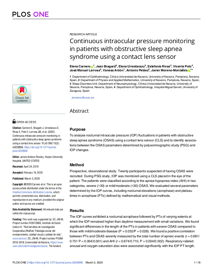 Continuous intraocular pressure monitoring in patients with obstructive sleep apnea syndrome using a contact lens sensor