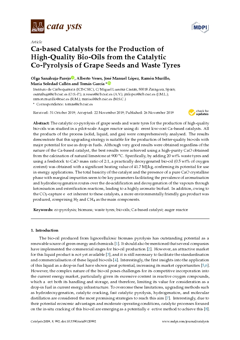 Ca-based catalysts for the production of high-quality bio-oils from the catalytic co-pyrolysis of grape seeds and waste tyres