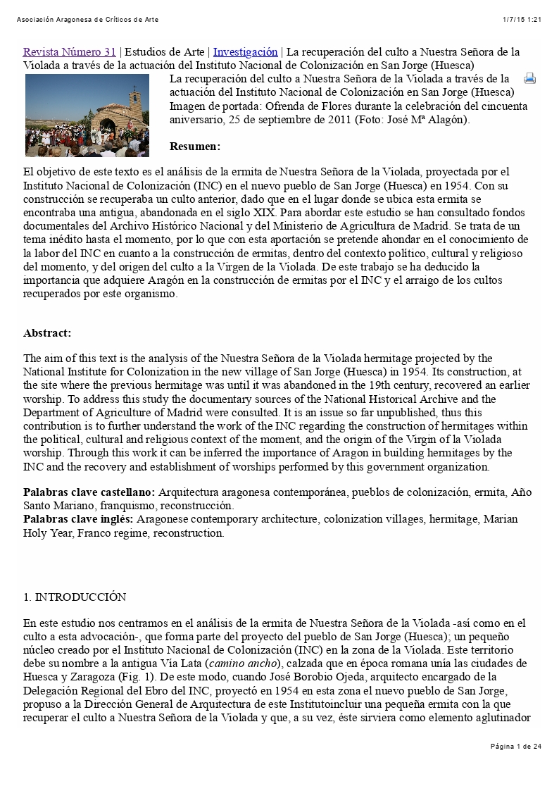 La recuperación del culto a Nuestra Señora de la Violada a través de la actuación del Instituto Nacional de Colonización en San Jorge (Huesca)