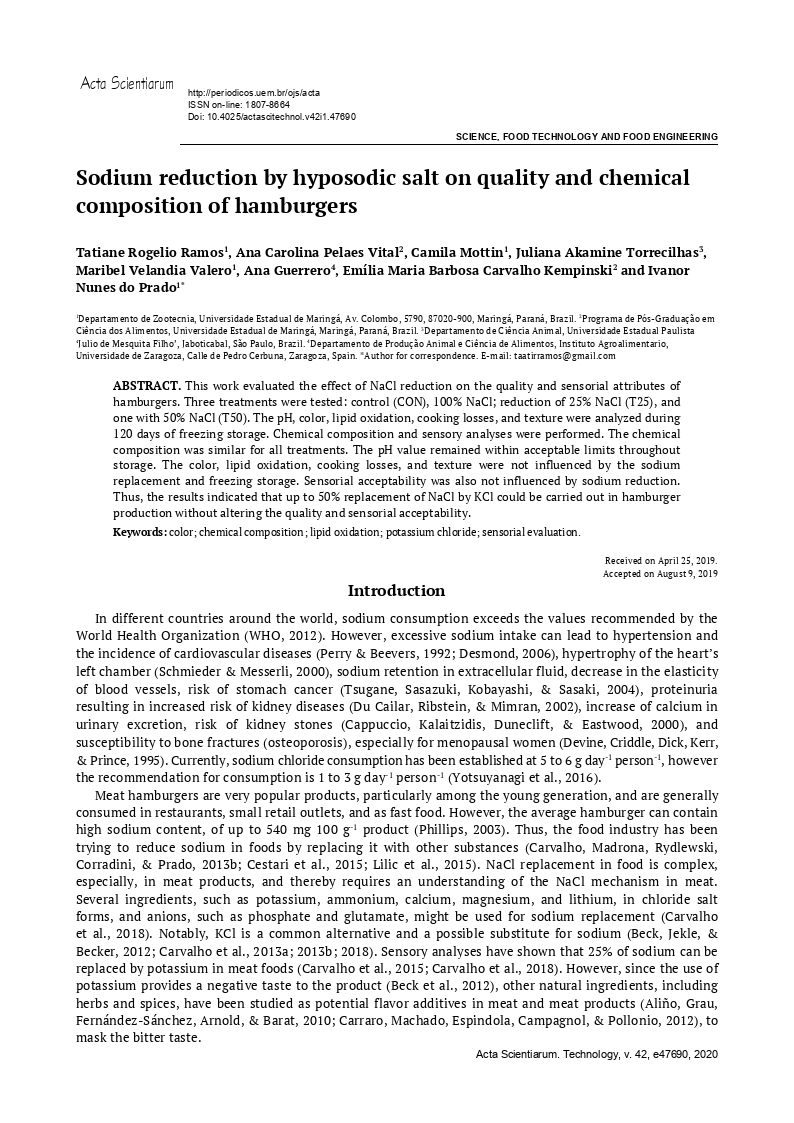 Sodium reduction by hyposodic salt on quality and chemical composition of hamburgers