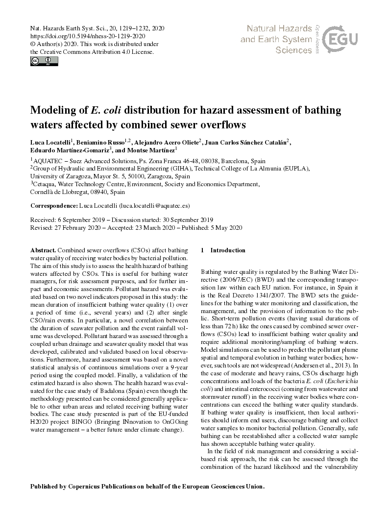 Modeling of E. coli distribution for hazard assessment of bathing waters affected by combined sewer overflows
