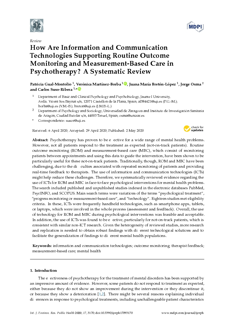 How are information and communication technologies supporting routine outcome monitoring and measurement-based care in psychotherapy? A systematic review