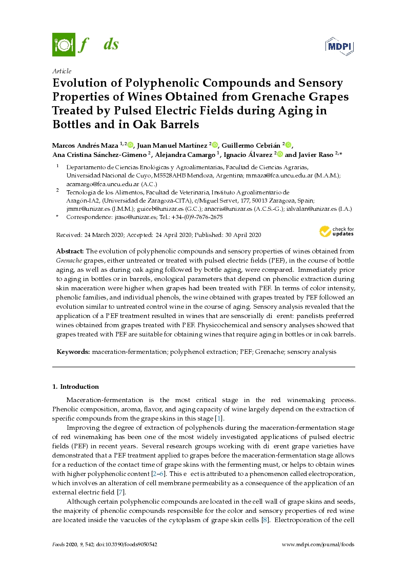 Evolution of polyphenolic compounds and sensory properties of wines obtained from grenache grapes treated by pulsed electric fields during aging in bottles and in oak barrels