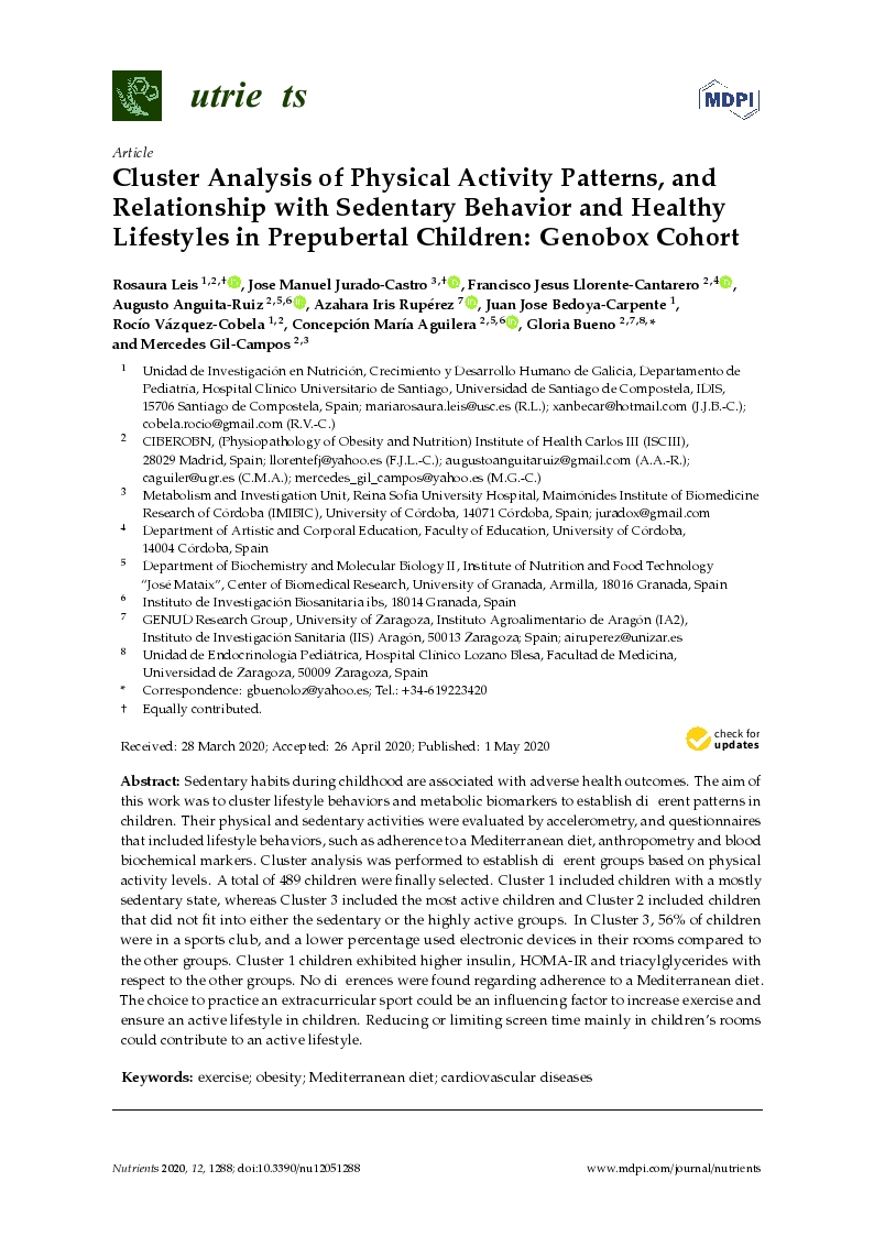 Cluster Analysis of Physical Activity Patterns, and Relationship with Sedentary Behavior and Healthy Lifestyles in Prepubertal Children: Genobox Cohort