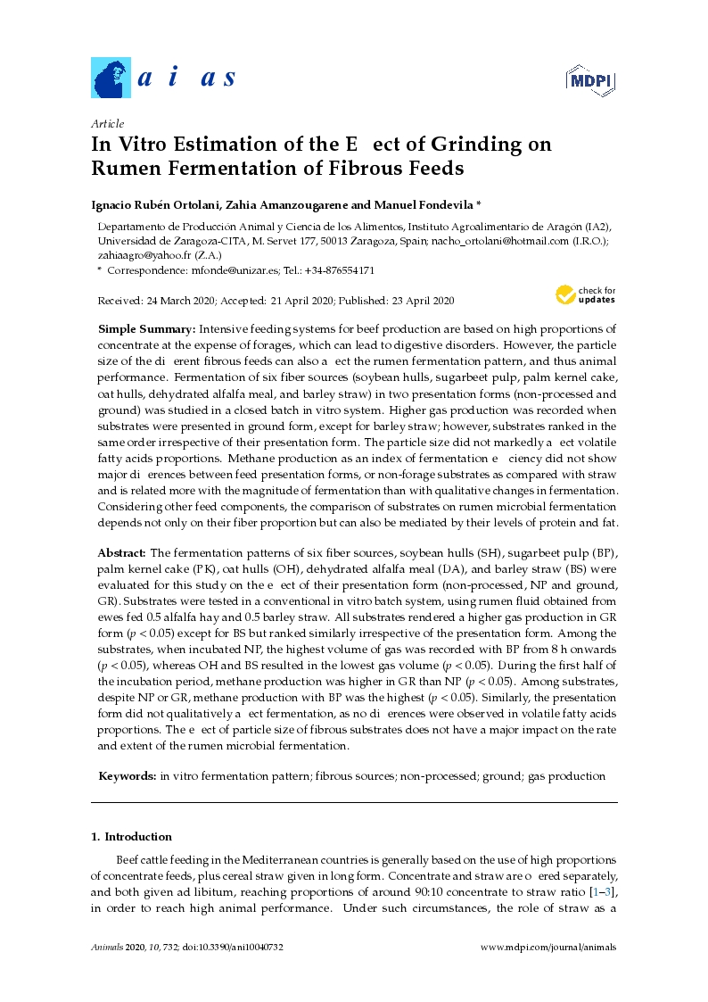 In vitro estimation of the effect of grinding on rumen fermentation of fibrous feeds