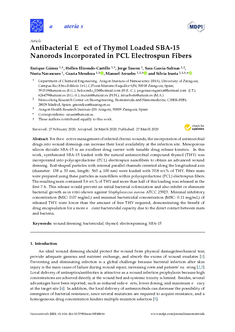 Antibacterial effect of thymol loaded SBA-15 nanorods incorporated in PCL electrospun fibers