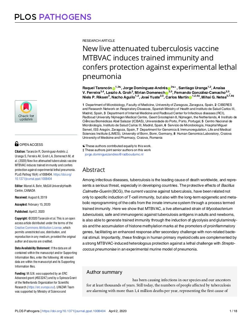 New live attenuated tuberculosis vaccine MTBVAC induces trained immunity and confers protection against experimental lethal pneumonia